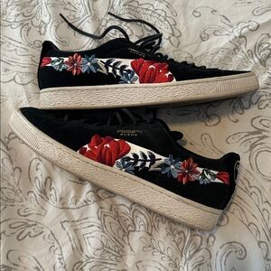 Puma Suede Black Sneakers with Red and Blue Floral Embroidery